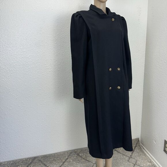 VTG 80s Michelle Francois Black Wool Long DoubleBreast Trench Coat Money Staple - Picture 12 of 14